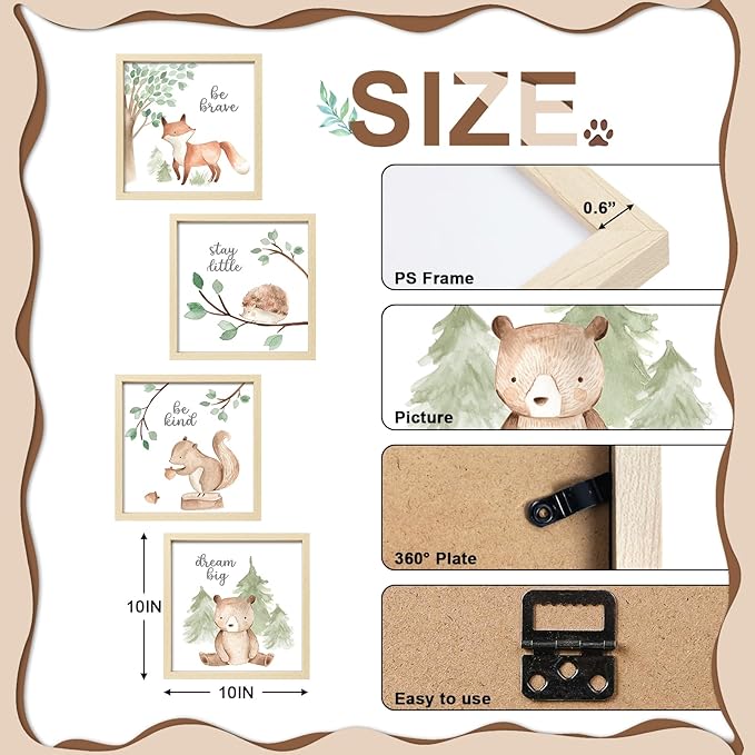 ArtbyHannah Framed Woodland Nursery Wall Decor, 4 Pack Gallery Wall Frame Set Forest Animal Safari Wall Art Prints for Baby Kids Playroom Room Decoration, Cute Artwork Frame 10x10 Inch