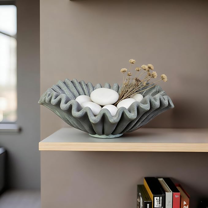 Large Decorative Handmade Bowl Decor , Modern Home Decoration, Fan Shaped Bowl, Ruffle Decor, Stylish Key Bowl for Entry Table, Decorative Fruit Bowl for Kitchen Counter, Artificial Stone Marble Color