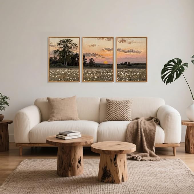TOARTi Large Framed Countryside Landscape Canvas Wall Art, Wildflower Sunset Fireflies Painting Art Prints,Vintage Farmhouse Natural Scenery Wall Decor for Living Room Bedroom Office-16”x24”x3
