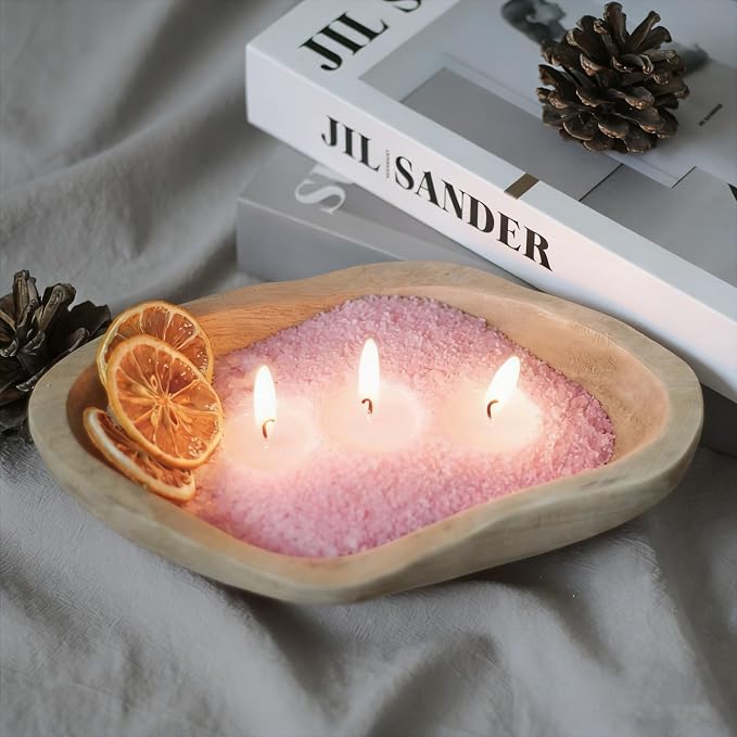 GrusoSP Reusable Wooden Dough Bowl Candle with 18 Oz Pearled Candle Sand and 30 Wicks Unscented Palm Sand Wax Refillable Powder Candles DIY Wax Making Kit (Pink)