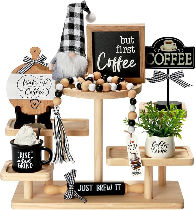 Coffee Tiered Tray Decor Set, 8 Pcs Farmhouse Rustic Tabletop Coffee Decorations for Home Office Table Shelf Mantel Coffee Bar Centerpiece Coffee Time Decor Wooden Sign Decorative Objects Bundle