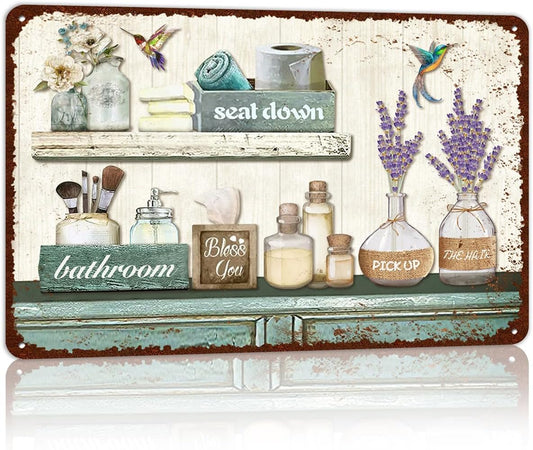 Vintage Farmhouse Bathroom Metal Tin Signs Rustic Flower Country Wall Art Decor 8X12 Inches