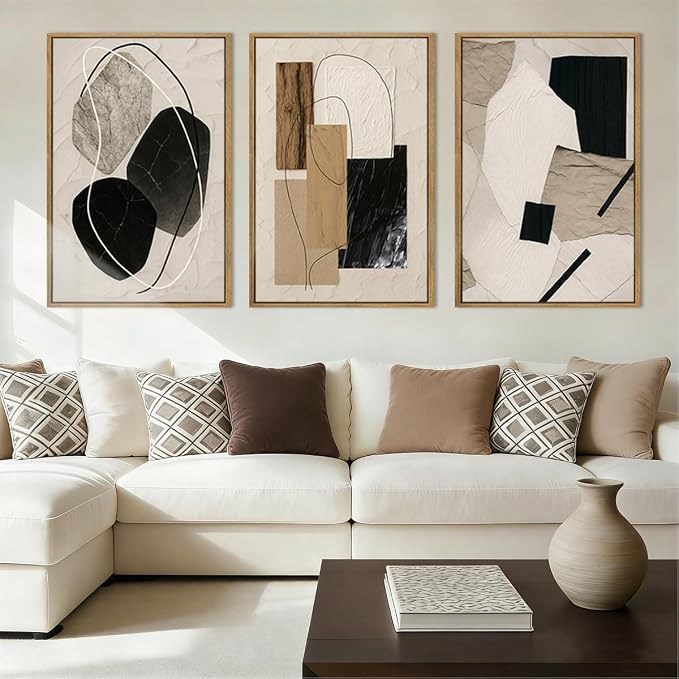 BINCUE Abstract Modern Wall Art Framed Neutral Wall Paintings Elegant Modern Artwork Abstract Neutral Wall Pictures for Living Room Bedroom Bathroom Office 16x24 Inch Set of 3 Gift