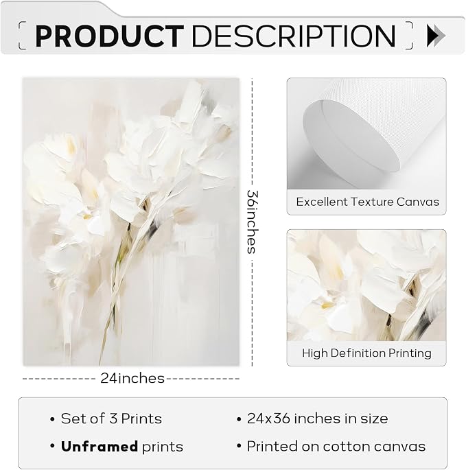 Neutral Wall Art Abstract Floral Canvas Pictures Beige Flower Wall Decor Modern Painting Minimalist Poster Abstract Botanical Prints White Artwork for Bedroom Living Room 24x36 Inch Unframed Set of 3