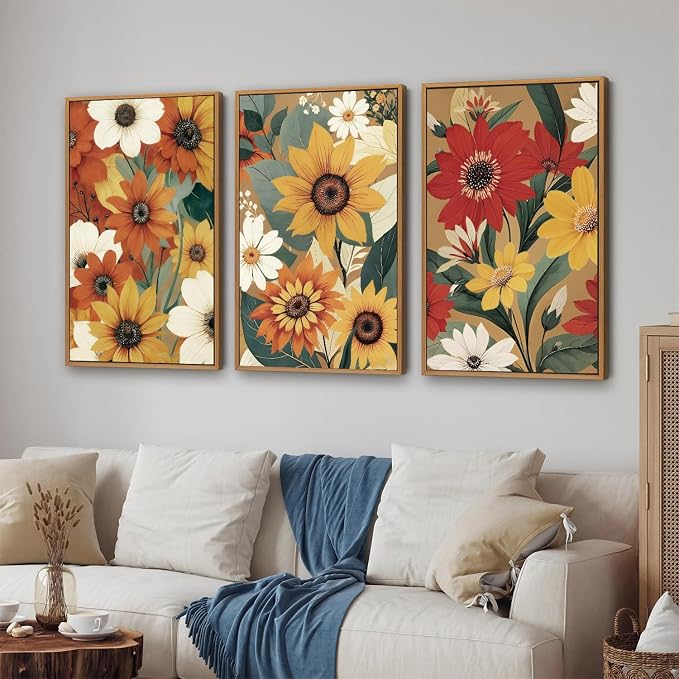 KYLESONLIE Vintage Floral Framed Canvas Wall Art Set, Boho Rustic Sunflower Daisy Wall Decor, Burnt Orange Flower Art Paintings, Retro Colorful Botanical for Living Room Bedroom Farmhouse 16"x24"x3