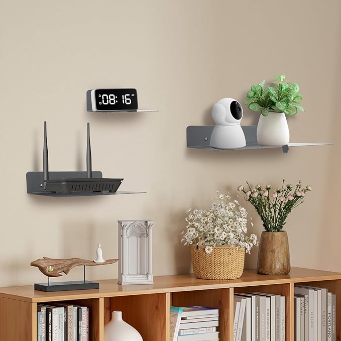 Steel Floating Shelves for Wall,Small Wall Shelf，Suitable for Bedroom, Living Room, Bathroom, Kitchen, Office (Grey, 9.06x6.89 in)