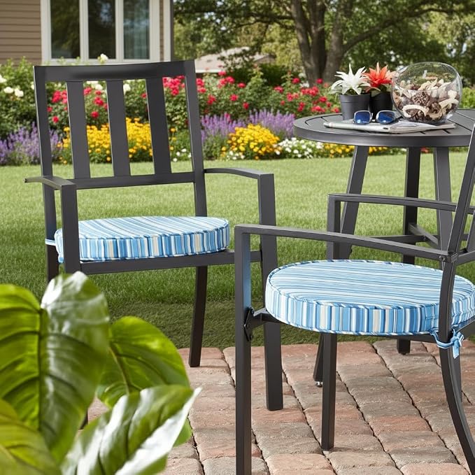 Set of 2 Outdoor 18 inch Round Patio Dining Chair Pads – Comfortable Fiber-Filled Seat Cushions with Ties, Reversible Polyester Fabric, Sapphire Stripe