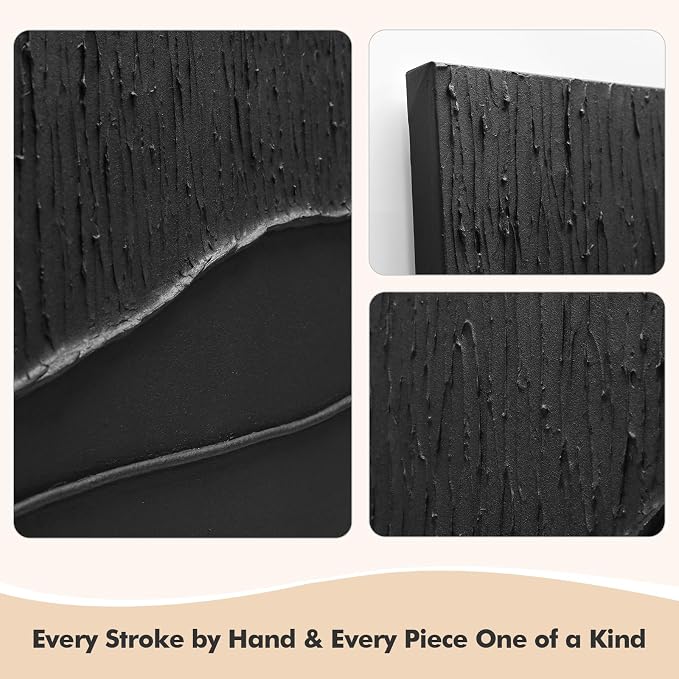 Large Black 3D Textured Wall Art, Hand-Painted Minimalist Canvas Artwork | Modern Abstract Vertical Wall Decor for Living Room Bedroom Office, Original Ocean Waves Oil Painting Home Decor, 24x36 in