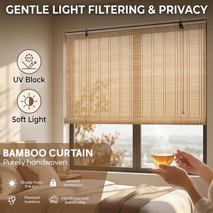 Bamboo Shades for Outdoor Patio, Custom Bamboo Blinds for Indoor Windows, Natural Woven Wood Window Blinds, Light-Filtering & Privacy Protection Roll Up Shades,Easy to Install
