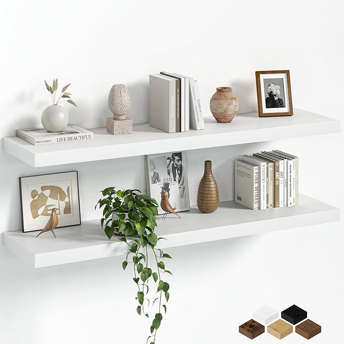 Fun Memories Floating Shelves for Wall, 40 Inch Long Set of 2 Rustic Wood Wall Shelves with Invisible Brackets, Heavy Duty Storage Display for Living Room Bedroom Kitchen, White