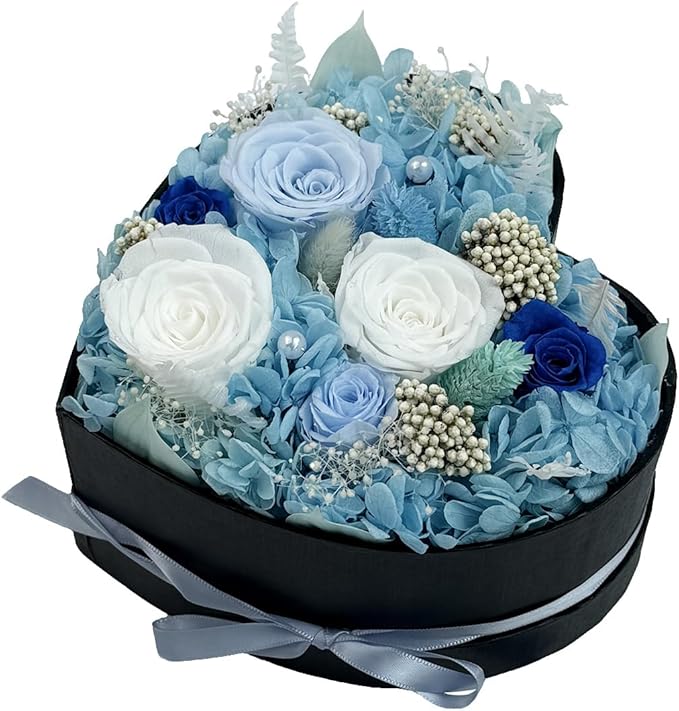 Preserved Roses Heart Shape Box Valentines Day Gifts for Her Mothers Day Forever Flowers (Multicolor-Blue, One Size)