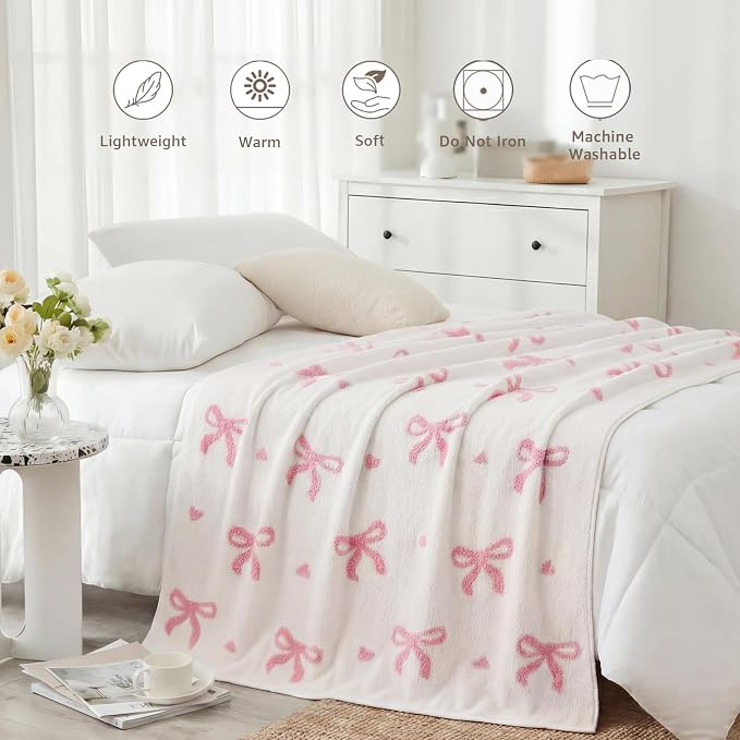 WRENSONGE Soft Throw Blanket for Couch-Cozy Reversible Knitted Blankets | Lightweight Warm Fluffy Decor for Women, Mom, Her & Girls, Sofa, Chair, Bed, 50x60in,Bubble Bowknot Pink