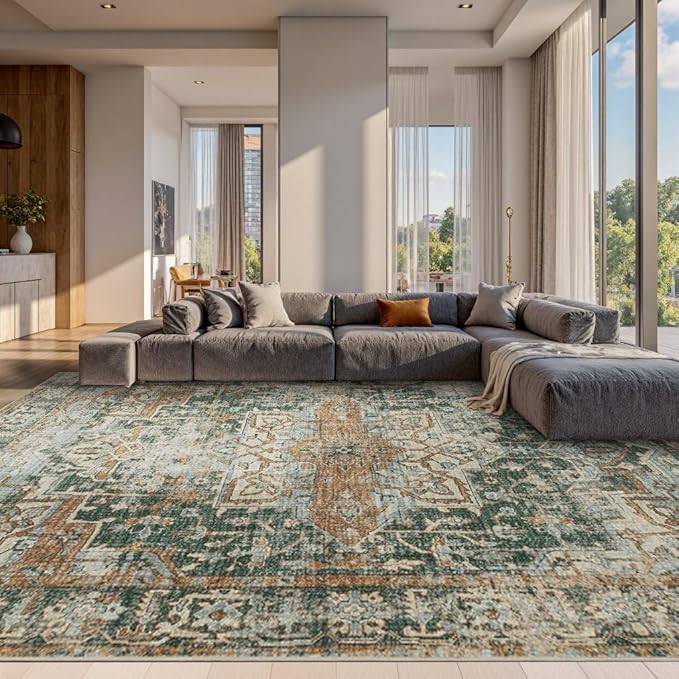 Rugxara 10x14 Area Rugs for Living Room Bedroom, Large Washable Rug, Green Vintage Retro Boho Rug, Non Slip & Low Pile Faux Wool Thin Carpet for Indoor Dining Room and Kids Room(Green/Brown 10x14ft)