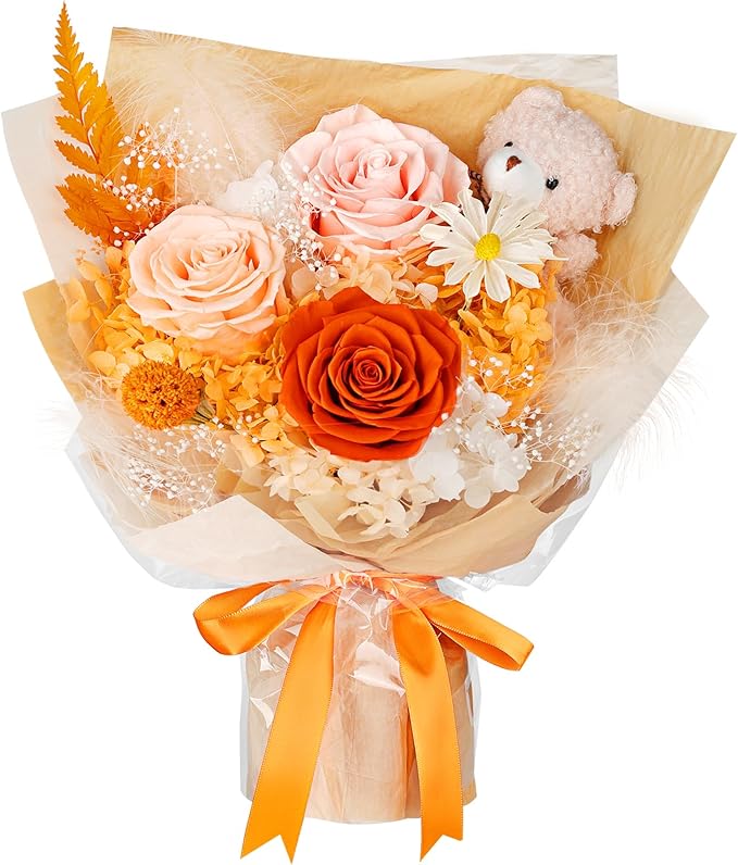 Preserved Flowers Bouquet with Bear, 3 Real Forever Flowers for Delivery, Long-Lasting Orange Eteranl Roses Bouquet, Mothers Day Gifts for Mom Grandma, Anniversary Birthday Gifts for Women Girlfriend