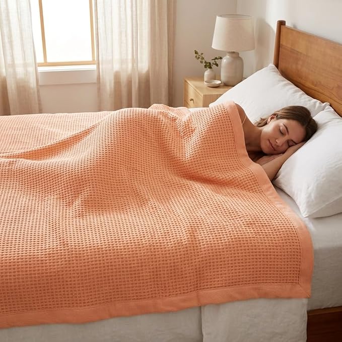 TreeWool Premium 100% Cotton Waffle Queen Blanket (90"x90", Peach) | Breathable Lightweight Moisture Wicking Soft Knit Thermal Blanket for Summer, Bed or Sofa All-season Comfort Machine Washable