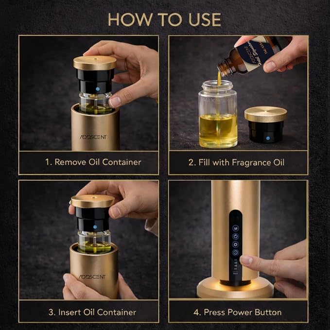 Waterless Fragrance Oil Diffuser Gold, 120ml Smart Timer, Bluetooth & Manual Control, Whisper Quiet Rechargeable Aroma Machine for Home Office Spa Hotel - 1500sqft - Fragrance Not Included