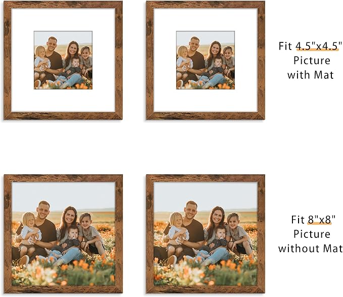 Picrit 8x8 Picture Frame Set of 12, Display 5x5 with Mat or 8 x 8 without Mat, Photo Frames for Wall Mounting or Table Top Display, Brown