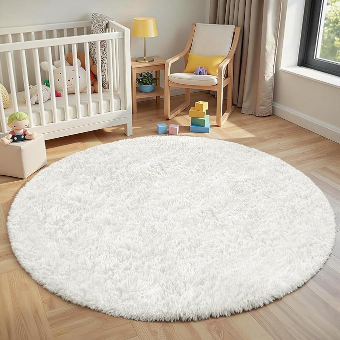 White Round Fluffy Rug 5ft,Soft Bedroom Circle Rugs Mats for Kids Girls Nursery Room,Washable Plush Shaggy Indoor Non Slip Rug for Bedside Living Room Bedroom Circular Carpet,Home Decor Aesthetic