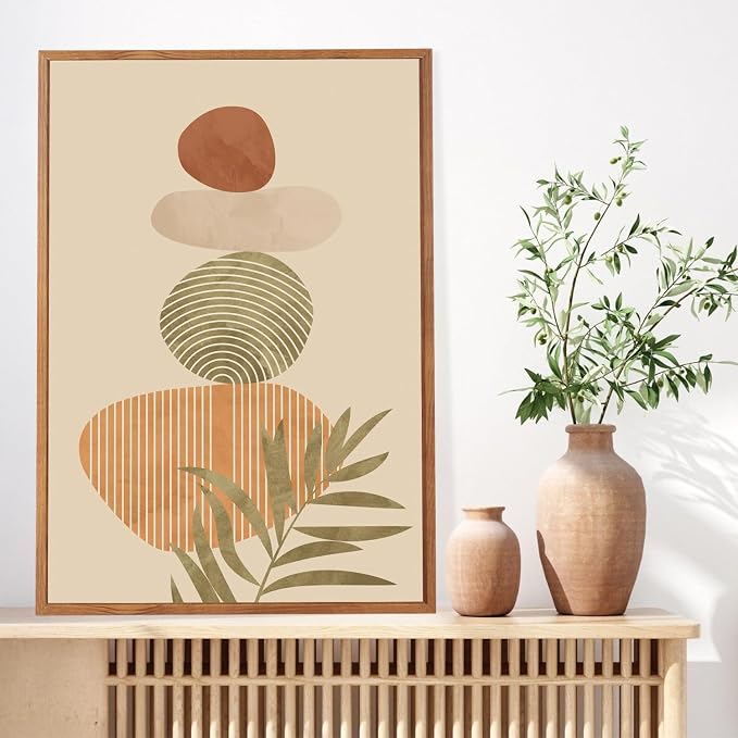 LHIUEM Boho Abstract Sage Framed Canvas Wall Art,Bohemian Neutral Wall Decor,Mid Century Beige Painting,Natural Minimalist Line Artwork for Living Room,Bedroom,Dining Room -24"x36"x3