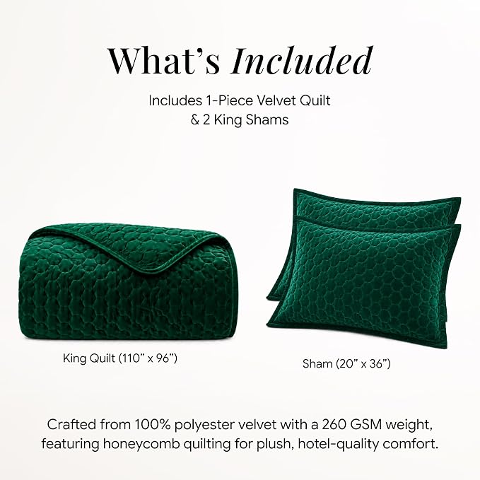 Tribeca Living Lugano Oversized Velvet Quilt Set - All Season, Extra Large, 3 Piece King Size Comforter Set with 2 Pillow Shams in Emerald Green Honeycomb Pattern 260GSM