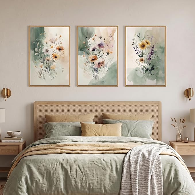 BICERE Large Vintage Wildflower Framed Canvas Wall Art,Rustic Watercolor Flowers Wall Decor,Boho Botanical Print,Retro Green Floral Artwork for Living Room,Bedroom,Dining Room -16"x24"x3
