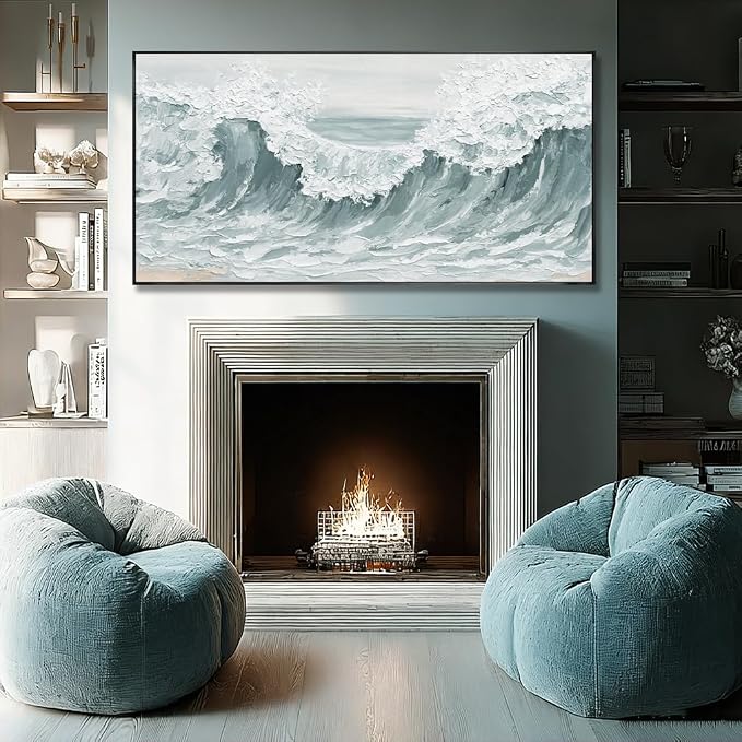 Large Framed Green Giant Waves Abstract Ocean Nature Wall Art Modern Neutral Wall Decor Canvas Print Textured White Painting Pictures for Living Room Bedroom Home 29"x58"