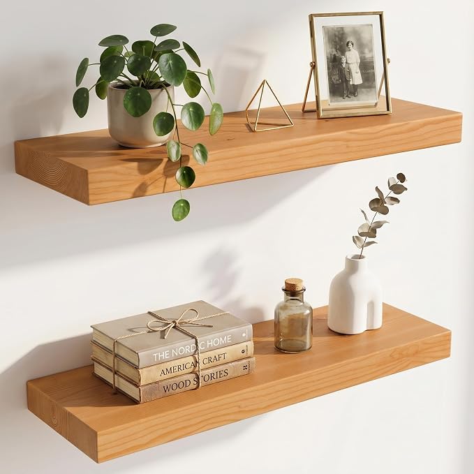 24 inch Floating Shelves for Wall, High End Solid Real Wood Floating Shelf with Heavy Duty Invisible Bracket 24in Long Wooden Wall Shelves for Living Room, Bedroom, Kitchen, Bathroom, Set of 2,Natural