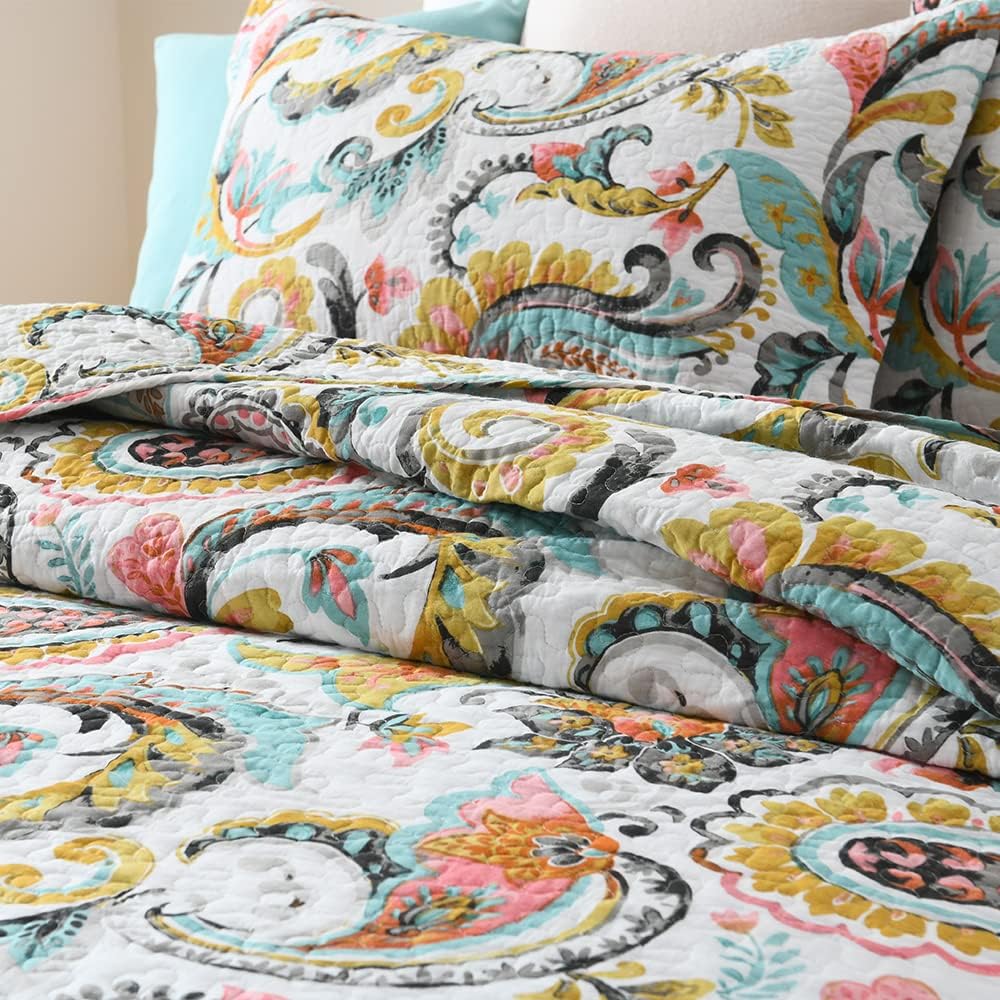 Autumn Dream Cotton Bedspread Quilt Sets, 3 Pieces Reversible Comforter Coverlet Sets,White Floral Paisley,Queen Size