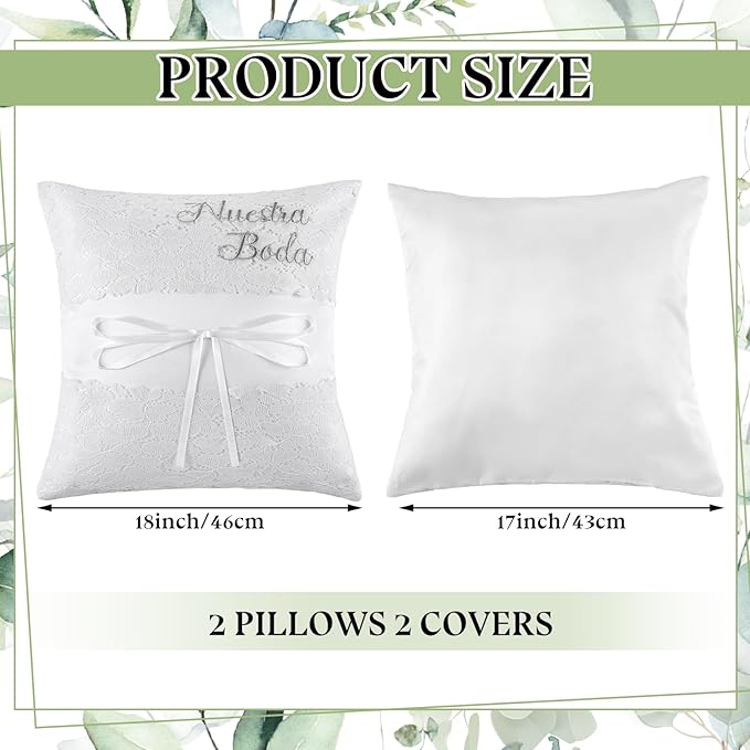 Mixweer 2pcs Wedding Embroidered Kneeling Pillows Nuestra Boda 18 x 18 Inch Embroidered Prayer Pillow Satin and Lace Kneeling White/Silver, Cojines para Boda, Decoracion(18",with 2 Pillows)