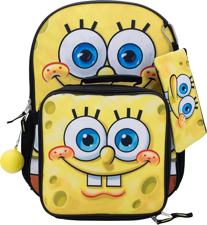 AI ACCESSORY INNOVATIONS Sponge Bob 5 PC Backpack Set, Girls & Boys Big Face School Bag 16” with Front Zip Pocket