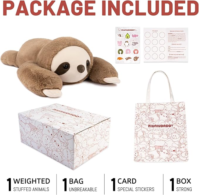 Niuniu Daddy Weighted Sloth Stuffed Animals for Anxiety, Large Plush Animal Pillow Kids Adults, 20in Cute Plushies Toy as Gifts Presents Christmas Birthday, Brown, SET-Above 3lb