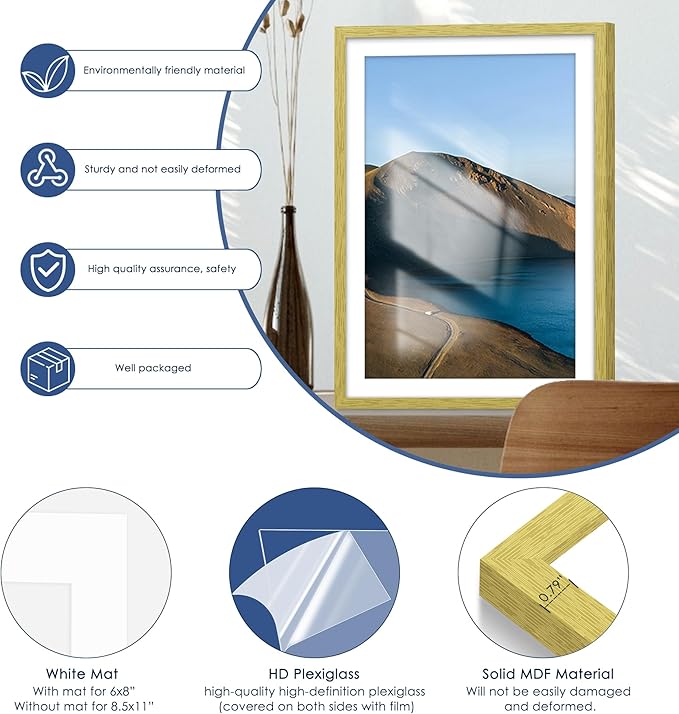 PEALSN 13x19 Picture Frame Set of 6, Display Pictures 11x17 with Mat or 13 x 19 without Mat for Wall Mounting Display, Poster Frames Collage for Wall Decor, Gold