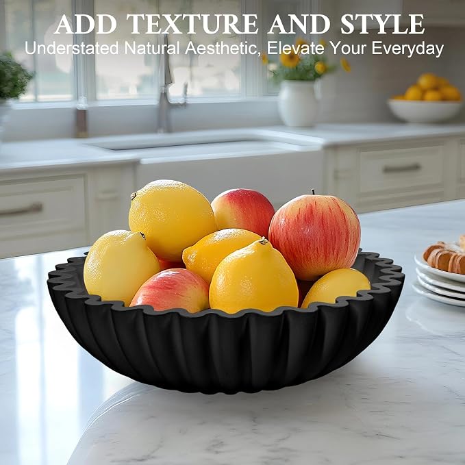 MAONAME Concrete Decorative Bowl, Black Fruit Bowl for Kitchen Counter, Modern Handicraft Coffee Table Key Bowls, Large Scalloped Ruffle Bowls for Entryway, Home Decor