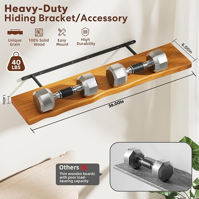 Floating Shelves for Wall Rustic Farmhouse 36 Inch Floating Shelf Bathroom Wooden Shelves for Wall Mounted Live Edge Pine Shelf with Unique Natural Grain for Bedroom Kitchen (Honey Walnut)