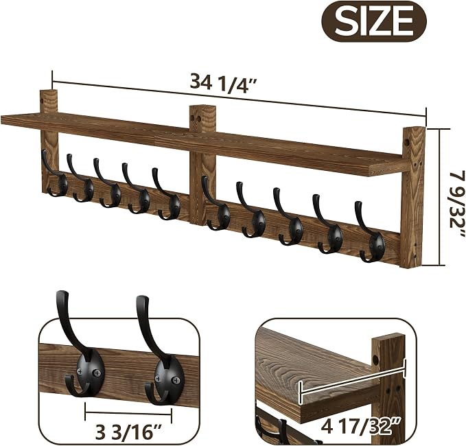 AMBIRD 34.2 inch Wooden Extra-Long Wall Hook Rack with Shelf - Versatile and Decorative Wall-Mounted Storage - 10 Hooks for Hanging Coats, Hats, Scarves - Ideal for Entryways, Bedrooms, Closets