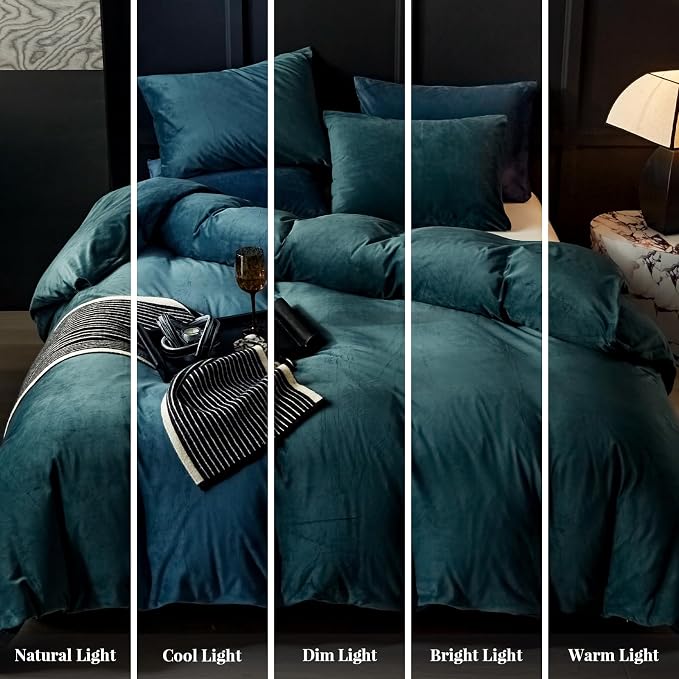 WARMDERN Peacock Blue Flannel Velvet Duvet Cover Queen Size Duvet Cover Bedding Sets, 3pcs Ultra Soft Luxury Textured Modern Crystal Velvet Duvet Covers with Zipper Closure(Peacock Blue, Queen)