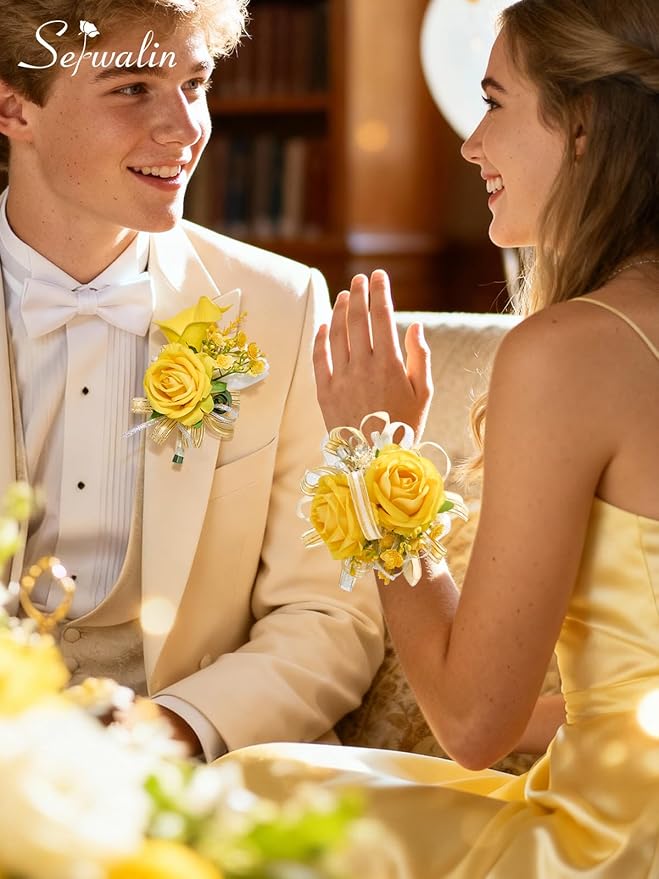 Serwalin Yellow Prom Corsage and Boutonniere Set, Artificial Calla Lily & Rose Wrist Corsage Wristlet for Homecoming, Formal Dance, Wedding Flowers Accessories Party Suit Decorations