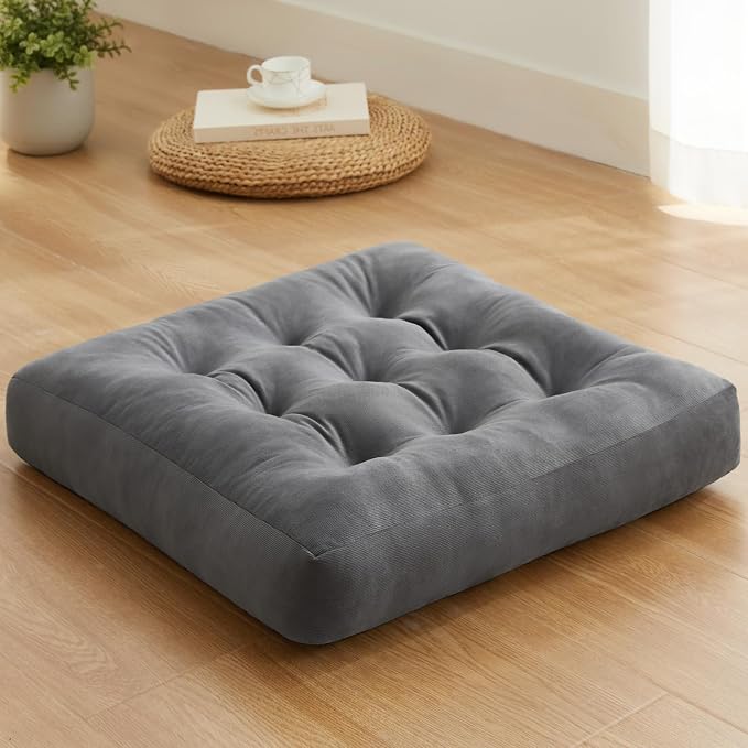 Meditation Floor Pillow Set of 1, Square Large Pillows Seating for Adults, Meditation Cushion Pillow,Tufted Corduroy Cushion for Tatami Living Room or Yoga, Dark Gray, 22x22 Inch