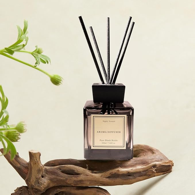 XEPTLE Sandalwood Reed Diffuser, Air Freshener, Fragrance Oil Diffuser with 5 Reeds, Eliminate Odors, Scented Diffuser Set for Bathroom,Bedroom,Office,Home,Yoga, 7.04 oz, Black