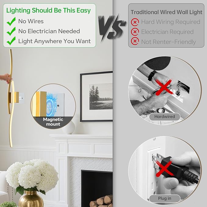 Battery Operated Wall Sconces Set of 2, Dimmable Modern LED Rechargeable Wall Light with Remote Control, Wall Decor for Living Room, Hallway, Quick Install, No Electrician Required 23.6 Inch