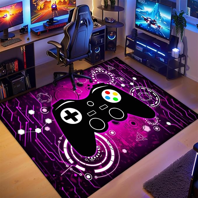 Boys Gamer Area Rug for Room - Purple Gaming Carpet Rug for Kids Boys Bedroom Video Games Carpet Gamepad Themed Rugs Kids Room Decor, 70 x 55 Inches