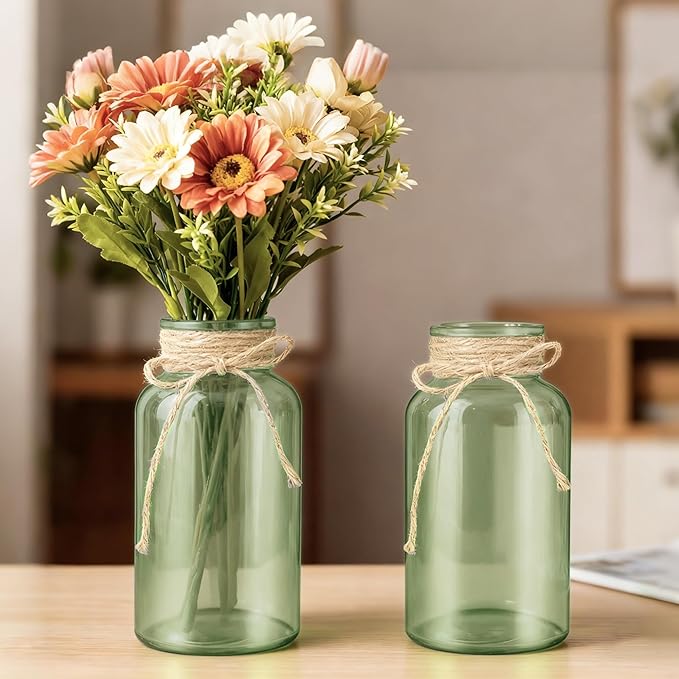 Vintage Glass Flower Vase, Farmhouse Glass Centerpiece Vases Mason Jars for Weddings, Parties & Home Decor Bulk (3, Green)