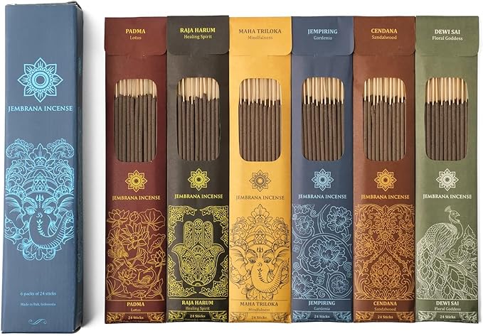 Bali Soap Jembrana Incense Sticks - Variety Pack 6 Scents (144 Sticks Total, 24 Sticks Each) of Lotus (Padma), Sandalwood, Gardenia, Maha Triloka, Raja Harum & Dewi Sai (Amber)