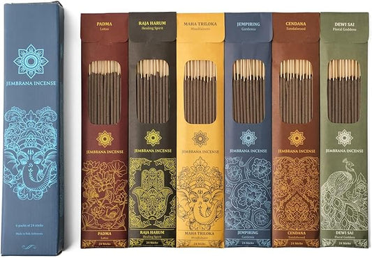 Bali Soap Jembrana Incense Sticks - Variety Pack 6 Scents (144 Sticks Total, 24 Sticks Each) of Lotus (Padma), Sandalwood, Gardenia, Maha Triloka, Raja Harum & Dewi Sai (Amber)