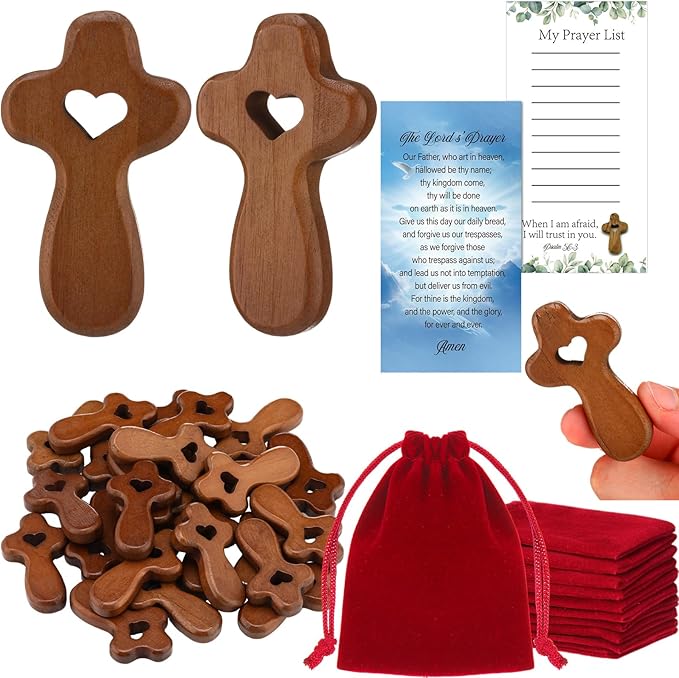 Bucherry Olive Wood Cross My Heart Small Pocket Crosses with Bags and Prayer Cards Jesus Christian Holding Hand Crosses Bulk for Christmas Baptism First Communion Gift(25 Set,Dark,2.36 Inches)