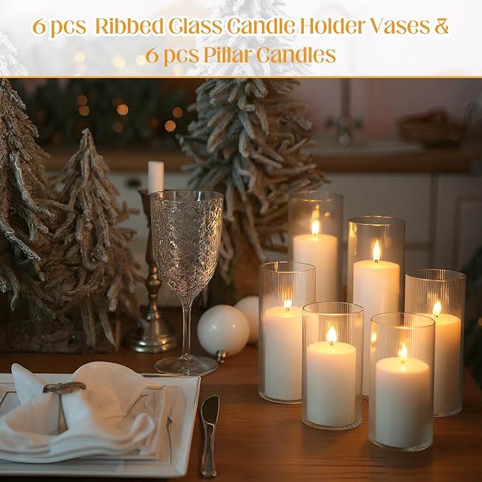 12 Pcs Wedding Pillar Candles and Ribbed Glass Candle Holder Vases Tall Cylinder Holders for Pillar Candle Clear Ribbed Bud Vase for Wedding Table Centerpiece, Total 6 Sets