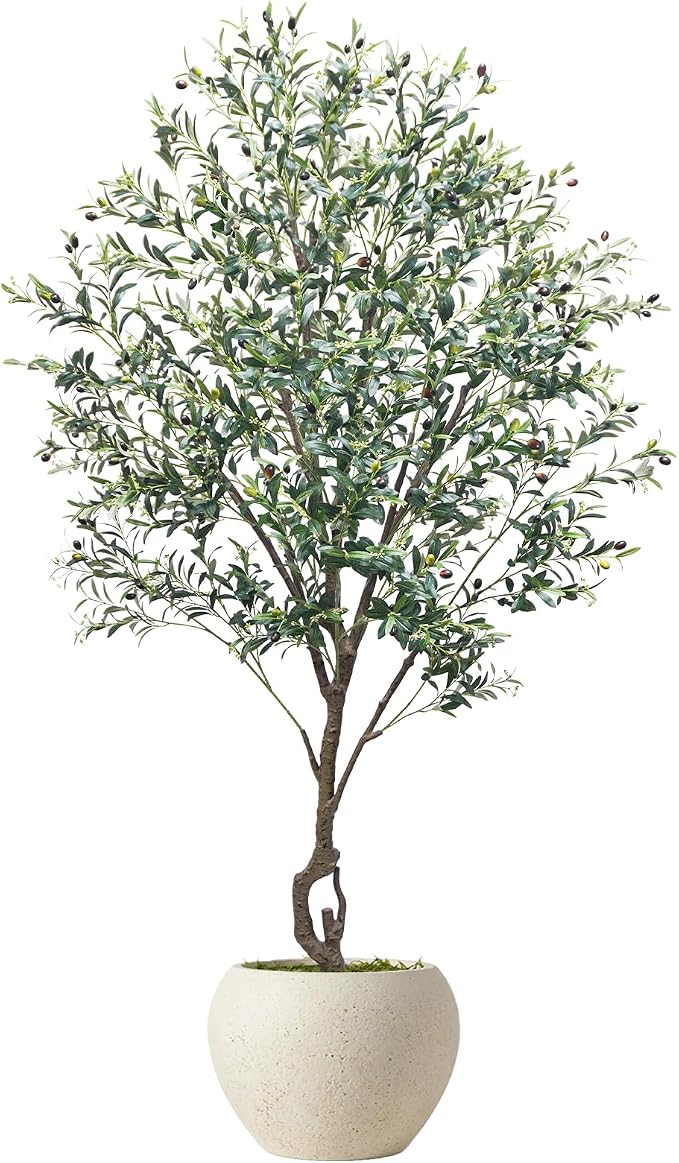 Caxchiling Large Artificial Olive Tree 7FT, Indoor Outdoor Faux Tall Tree | Natural Trunk with Olive Fruits and Buds in White Planter for Home Office Living Room