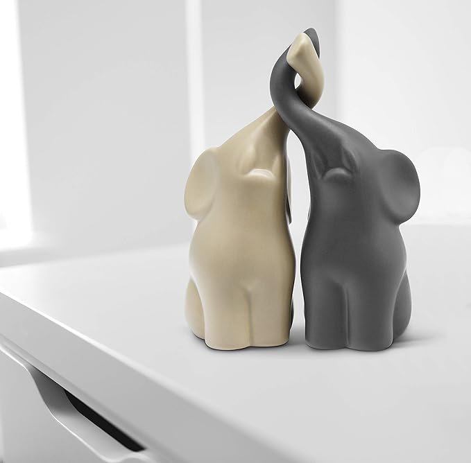 Vaudagio Loving Pair of Elephants in Beige & Grey - Modern Ceramic Sculpture - Figurine as a Set - Decoration Figure 6.3" high - Ornament Elephant in Love