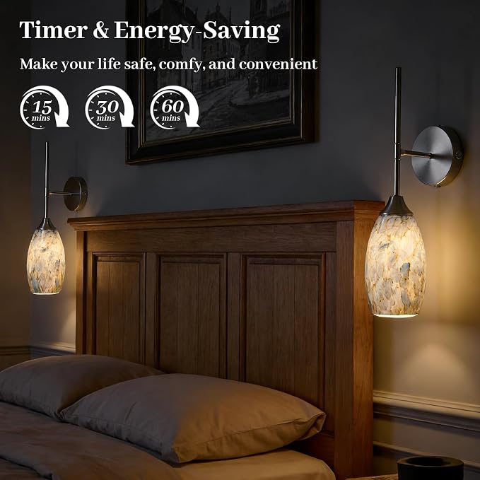 Brushed Nickel Battery Operated Wall Sconces Set of 2, Rechargeable Wireless Wall Lights, Touch & Remote Control, Dimmable 3 Color Temperatures, Magnetic Mount Hand-Blown Glass Sconce