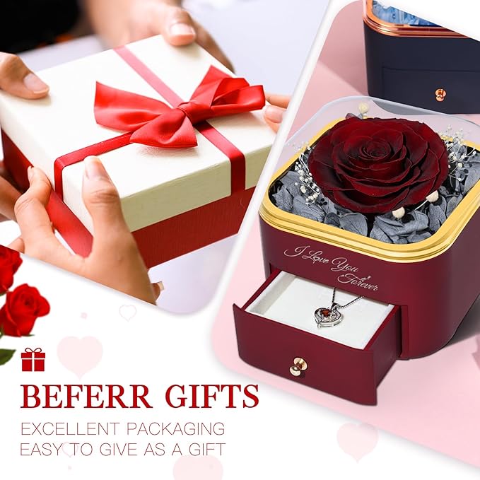Beferr Mothers Day Forever Rose with Necklace for Mom Birthday Gifts Preserved Roses Eternal Flower for Delivery Fresh Flowers Gifts for Mother Wife Her Grandma Sister Daughter Girls Friends
